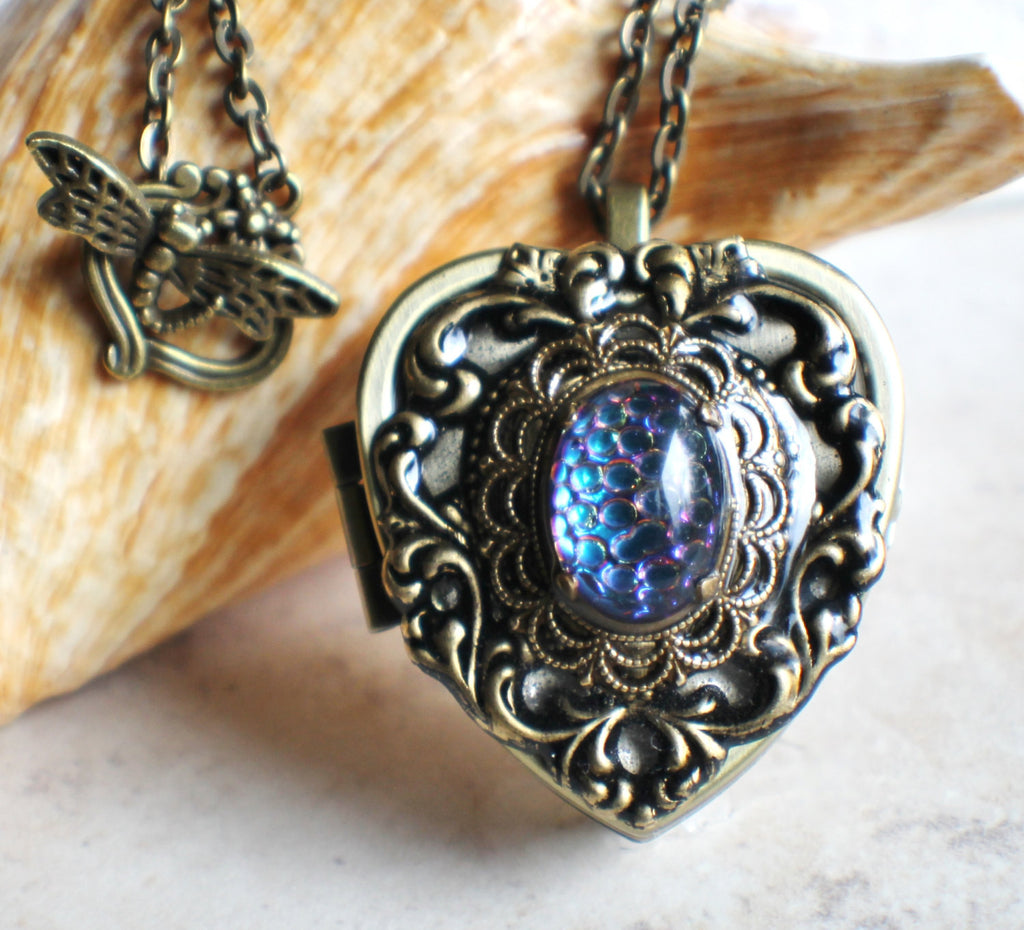 Music box locket, heart locket with music box inside, in bronze with lacey edge floral heart and German helio cabochon. - Char's Favorite Things - 1