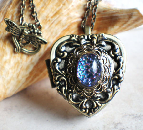 Music box locket, heart locket with music box inside, in bronze with lacey edge floral heart and German helio cabochon. - Char's Favorite Things - 1