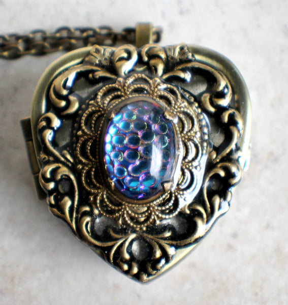 Music box locket, heart locket with music box inside, in bronze with lacey edge floral heart and German helio cabochon. - Char's Favorite Things - 2