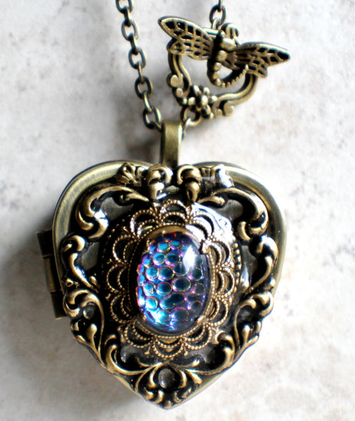 Music box locket, heart locket with music box inside, in bronze with lacey edge floral heart and German helio cabochon. - Char's Favorite Things - 4