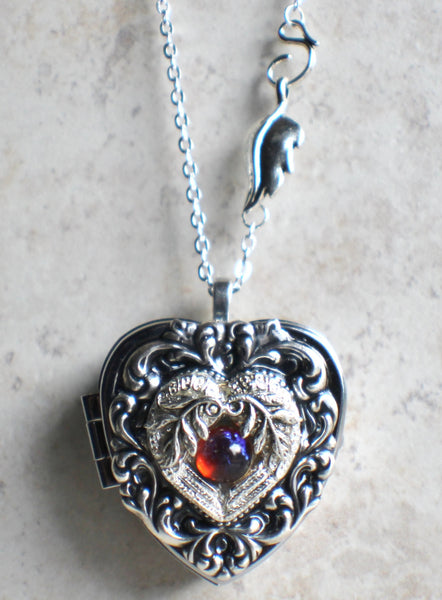 Music box locket, heart locket with music box inside, in silver tone with floral heart, angel wings and dragons breath opal cabochon. - Char's Favorite Things - 4