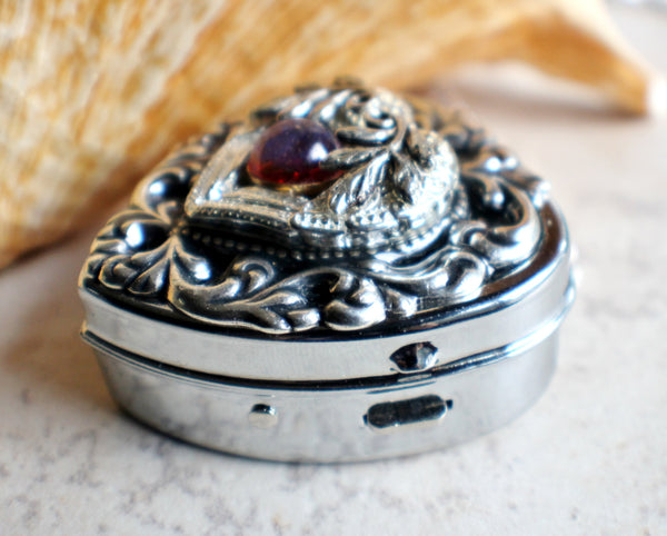 Music box locket, heart locket with music box inside, in silver tone with floral heart, angel wings and dragons breath opal cabochon. - Char's Favorite Things - 2