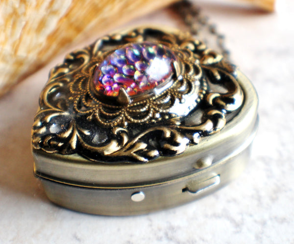 Music box locket, heart locket with music box inside, in bronze with lacey edge floral heart and German helio cabochon. - Char's Favorite Things - 3