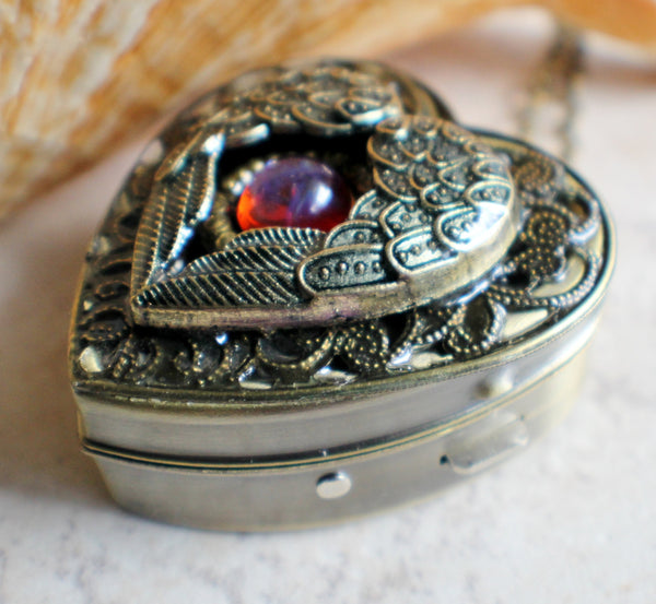 Angel wing music box locket, heart locket with music box inside with dragons breath cabochon. - Char's Favorite Things - 2