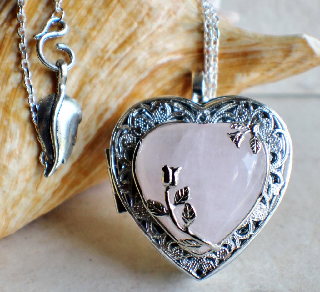 Music box locket in silver tone with rose quartz crystal heart. - Char's Favorite Things - 1