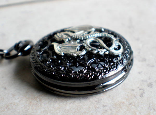 Silver dragon pocket watch, men's black pocket watch with silver dragon. - Char's Favorite Things - 2