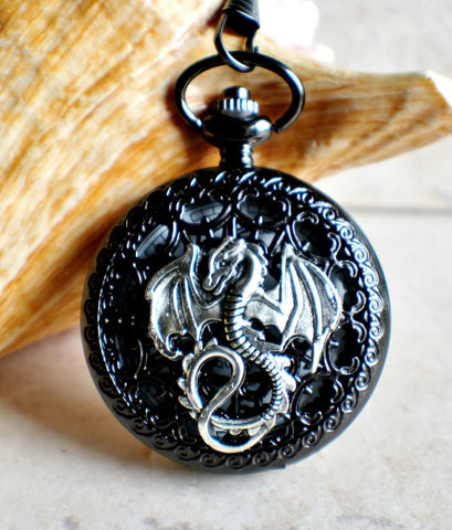 Silver dragon pocket watch, men's black pocket watch with silver dragon. - Char's Favorite Things - 1