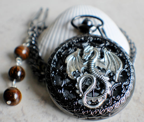 Silver dragon pocket watch, men's black pocket watch with silver dragon. - Char's Favorite Things - 3