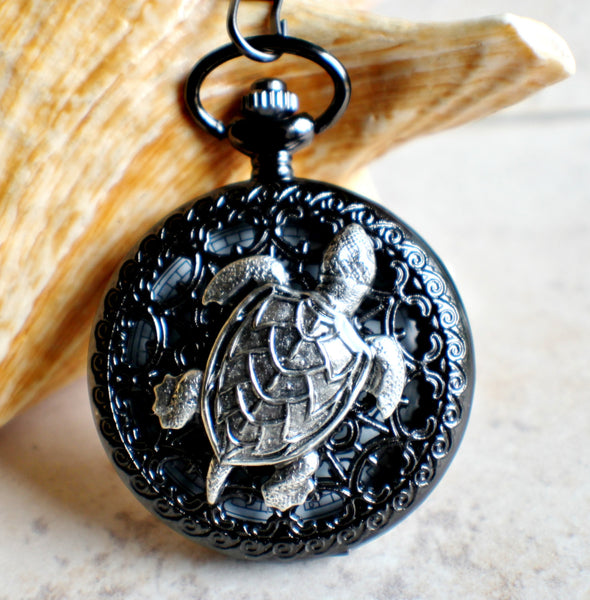 Turtle pocket watch battery operated in black. - Char's Favorite Things - 1