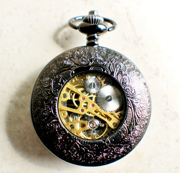 Bronze lion pocket watch, mechanical pocket watch in black. - Char's Favorite Things - 5